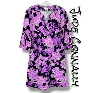 Jude Connally Megan Dress XS Purple Floral Jude Cloth V Neck 3/4 Sleeve Stretch
